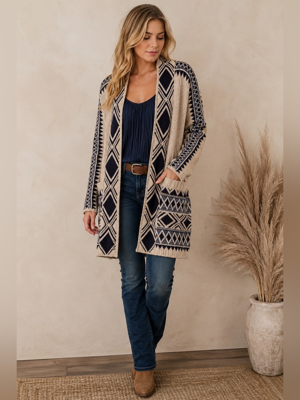 Lucky Brand Southwestern Cardigan M Beige Navy Cotton Boho Western Chimayo Cabin